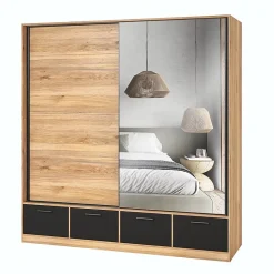 Armoire 200cm avec 2 portes coulissantes avec miroirs et 4 tiroirs couleur chene et noir. Collection EOS