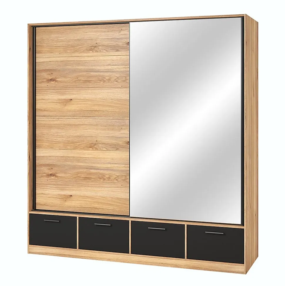 Armoire 200cm avec 2 portes coulissantes avec miroirs et 4 tiroirs couleur chene et noir. Collection EOS