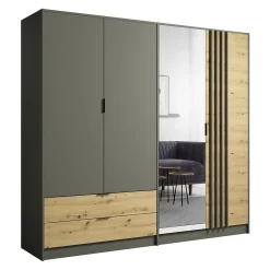 Armoire 220cm avec 4 portes et 2 tiroirs coloris gris graphite et chene. Collection IZO