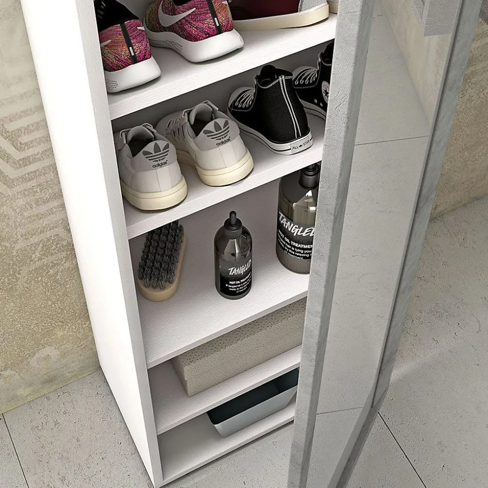 Armoire Colonne Multifonctionnelle À Une Porte Avec Cadre Effet Béton Et Miroir