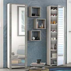 Armoire Colonne Multifonctionnelle À Une Porte Avec Cadre Effet Béton Et Miroir