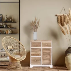 Armoire Commode Blanc Marron 4 Tiroirs 1 Porte Bois 70x60x30