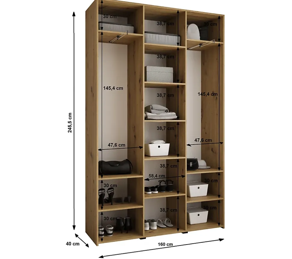Armoire Como 4 a portes battantes H. 245 x L. 160 x P. 40, 3 portes