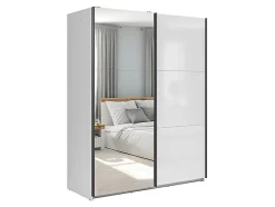 Armoire coulissante avec miroir coloris Blanc brillant - Longueur 153,5 x Profondeur 60 x Hauteur 195,5 cm