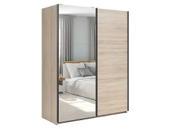 Armoire coulissante avec miroir coloris chêne Sonoma - Longueur 153,5 x Profondeur 60 x Hauteur 195,5 cm