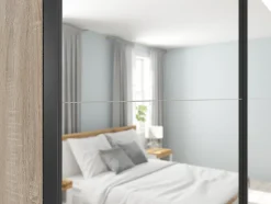 Armoire coulissante Placard avec miroir coloris chêne Sonoma - Longueur 220 x Profondeur 60 x Hauteur 195,5 cm