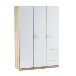 Armoire Daband, Armoire de Chambre avec 3 Portes et 3 Tiroirs, Armoire avec Barre de Suspension, 121x52h180 cm, Blanc et Chêne