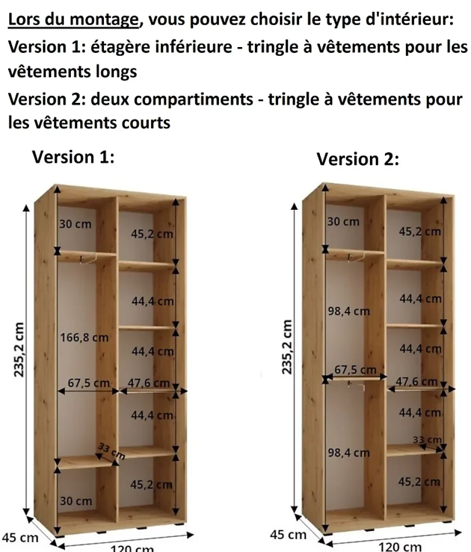 Armoire Dakota 2 a portes coulissantes 120/45/235,2 portes