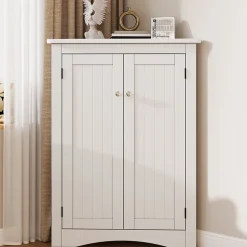 Armoire d'Angle - Meuble de Rangement avec 2 Portes et 3 Étagères pour Gain de Place - MDF Laqué - Blanc