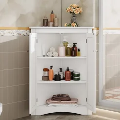 Armoire d'Angle - Meuble de Rangement avec 2 Portes et 3 Étagères pour Gain de Place - MDF Laqué - Blanc