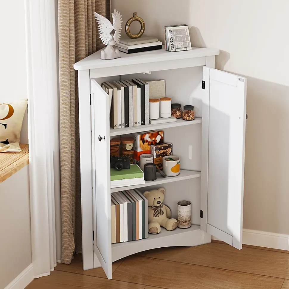 Armoire d'Angle - Meuble de Rangement avec 2 Portes et 3 Étagères pour Gain de Place - MDF Laqué - Blanc