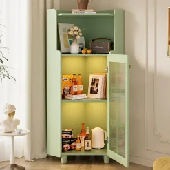Armoire d'Angle - Meuble de Rangement avec LED Contrôle par Application et Étagère Ouverte - MDF Laqué - Vert