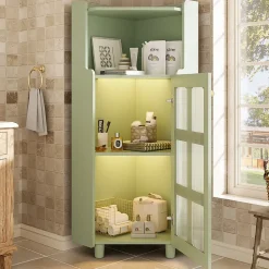 Armoire d'Angle - Meuble de Rangement avec LED Contrôle par Application et Étagère Ouverte - MDF Laqué - Vert