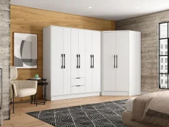 Armoire d'angle 8 portes et 2 tiroirs - L263 cm - Blanc - FEOVA