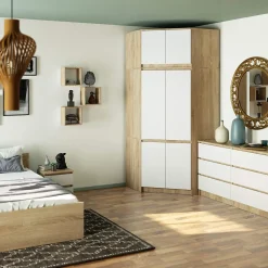 Armoire d'angle avec surmeuble AKORD S100 Chêne Sonoma 100 cm 6 portes façade Blanche 100x50x235 cm