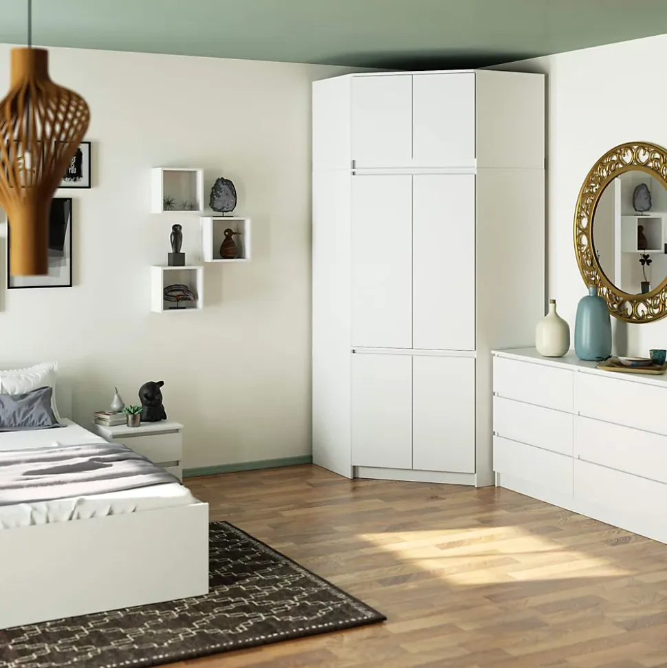 Armoire d'angle avec surmeuble AKORD S100 Blanche 100 cm 6 portes façade Blanche 100x50x235 cm