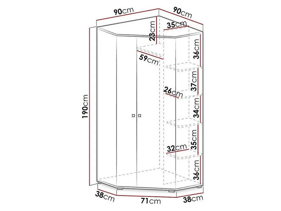 Armoire d'angle Camteso 100, Nombre d'étagères: 5, 190x90x90cm
