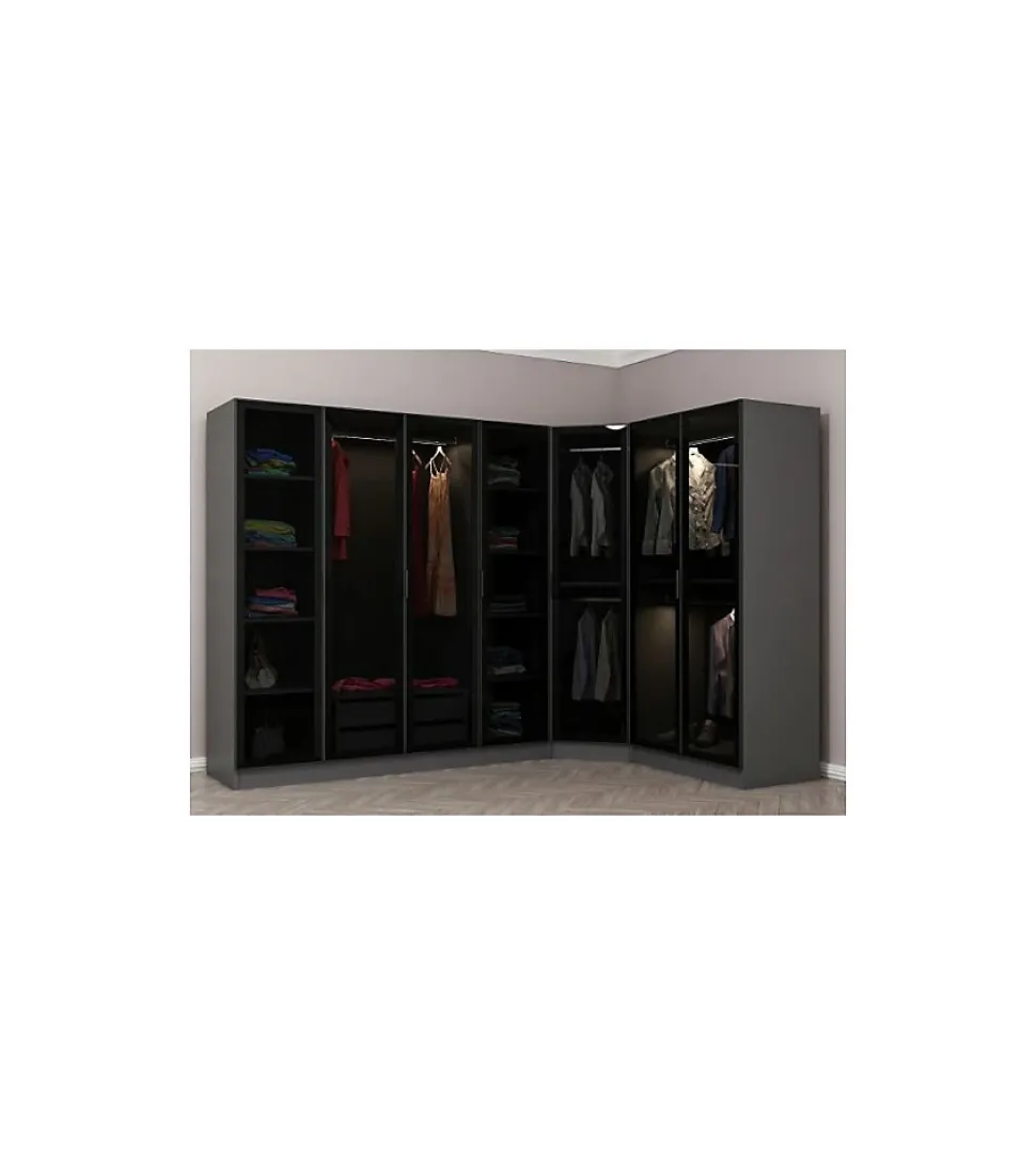 Armoire d'angle dressing anthracite en L avec leds