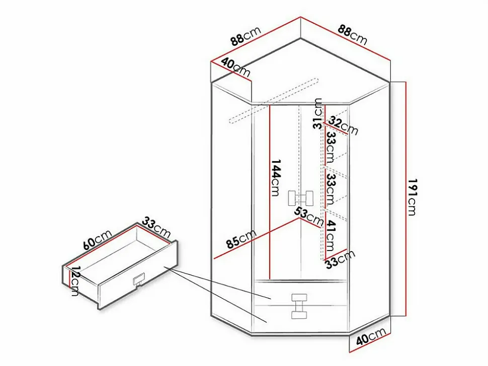 Armoire d'angle Florevi 114, Nombre d'étagères: 3, 191x88x88cm
