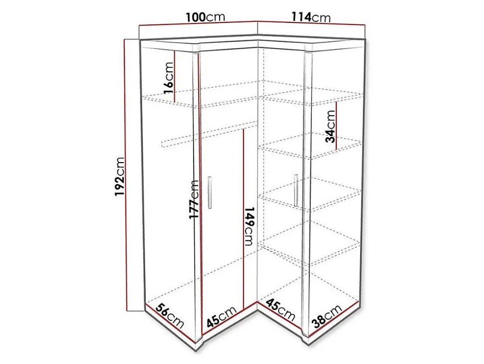 Armoire d'angle Lorelie 119, Nombre d'étagères: 5, 192x114x100cm