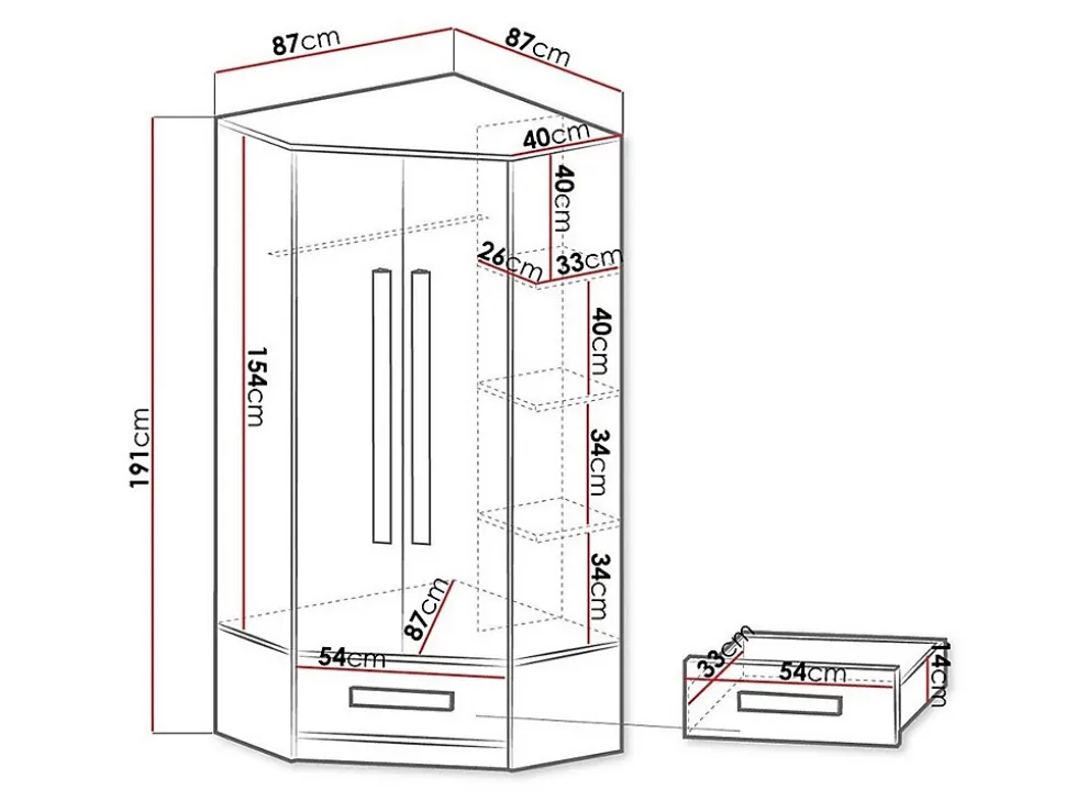 Armoire d'angle Merevari 103, Nombre d'étagères: 3, 191x87x87cm