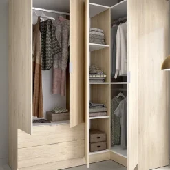 Armoire d'angle, meuble de rangement en bois mélaminé coloris chêne naturel - Longueur 173 x Profondeur 90 x Hauteur 184 cm