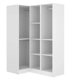Armoire d'angle, meuble de rangement en bois mélaminé coloris blanc - Longueur 133 x Profondeur 90 x Hauteur 184 cm