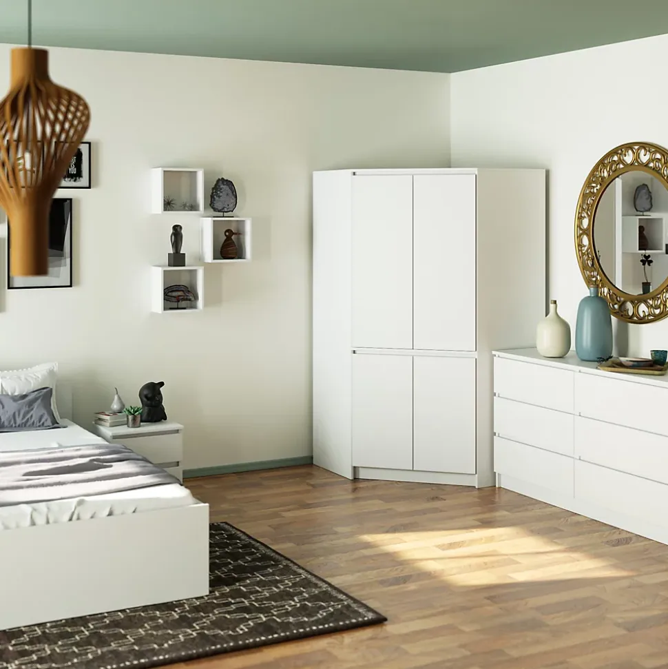Armoire d'angle AKORD S100 Blanche 100 cm 4 portes façade Blanche 6 étagères 100x50x180 cm