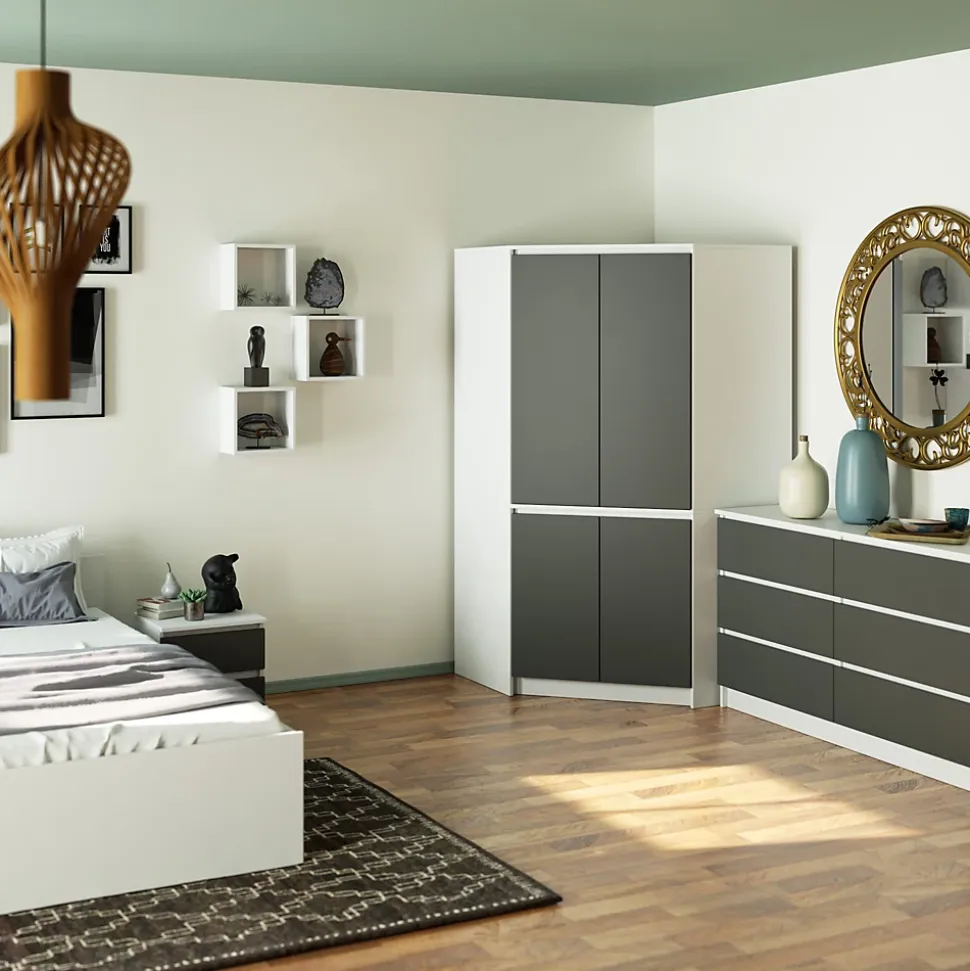 Armoire d'angle AKORD S100 Blanche 100 cm 4 portes façade Grise 6 étagères 100x50x180 cm