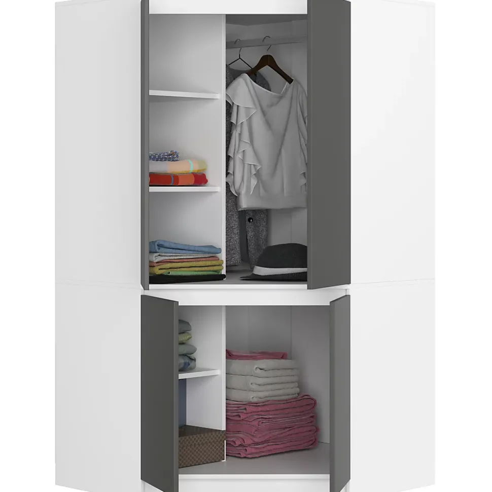 Armoire d'angle AKORD S100 Blanche 100 cm 4 portes façade Grise 6 étagères 100x50x180 cm