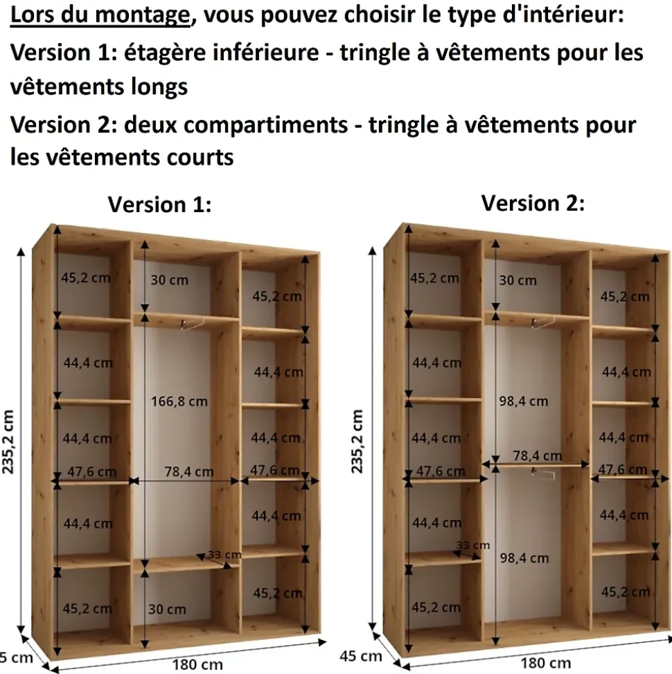 Armoire Davos 3 a portes coulissantes H. 235,2 x L. 180 x P. 45 3 portes