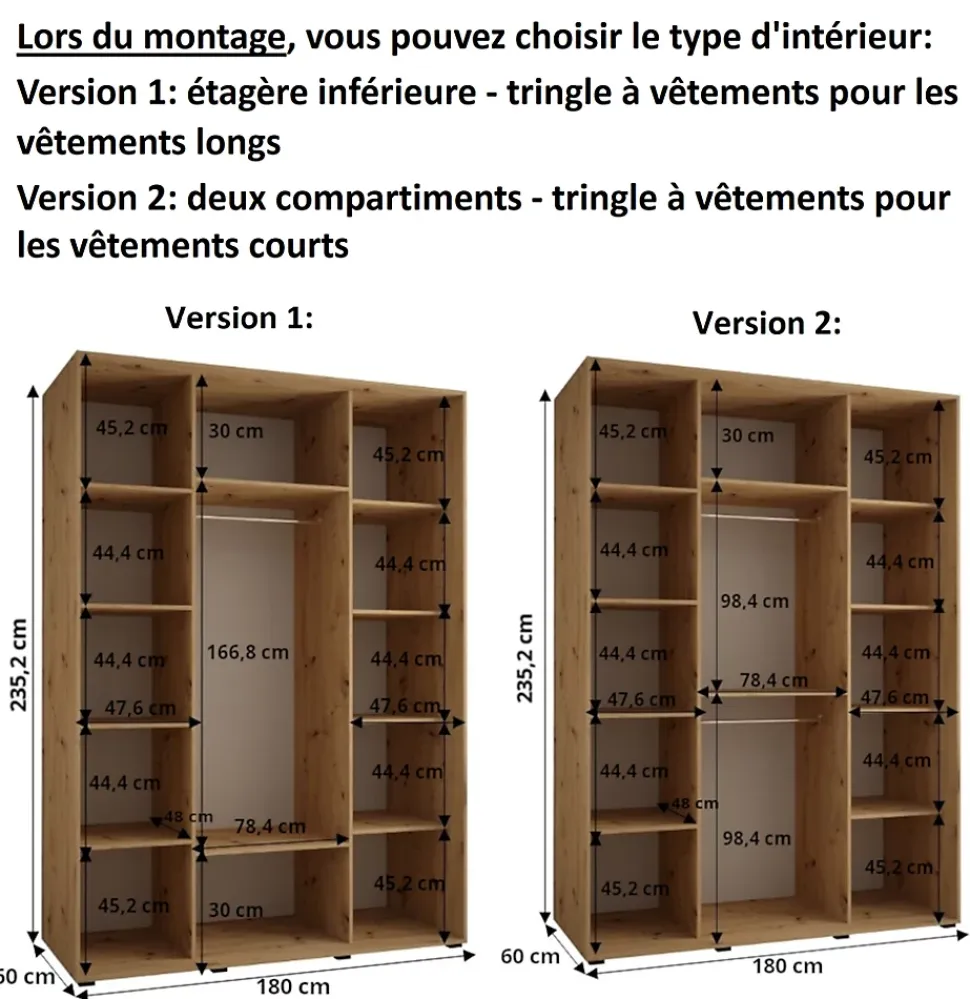 Armoire Davos 5 a portes coulissantes H. 235,2 x L. 180 x P. 60 3 portes
