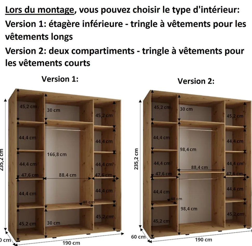 Armoire Davos 7 a portes coulissantes H. 235,2 x L. 190 x P. 60 3 portes