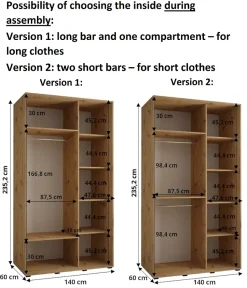 Armoire Davos 9 a portes coulissantes H. 235,2 x L. 140 x P. 60 2 portes