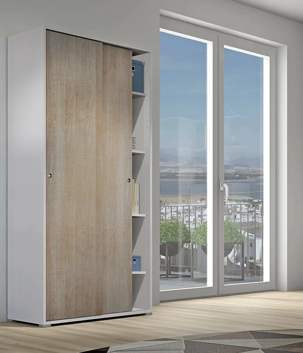 Armoire Dbuti, armoire avec 2 portes coulissantes et 4 Etageres, mobilier de chambre polyvalent, 90x45h195 cm, Chêne et Blanc