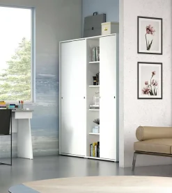 Armoire Dbuti, armoire avec 2 portes coulissantes et 4 Etageres, mobilier de chambre polyvalent moderne, 90x45h195 cm, Blanc
