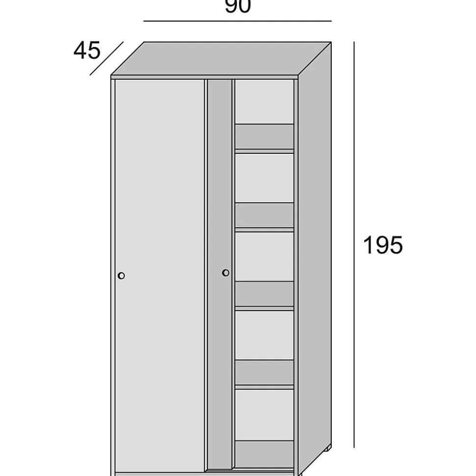 Armoire Dbuti, armoire avec 2 portes coulissantes et 4 Etageres, mobilier de chambre polyvalent moderne, 90x45h195 cm, Blanc