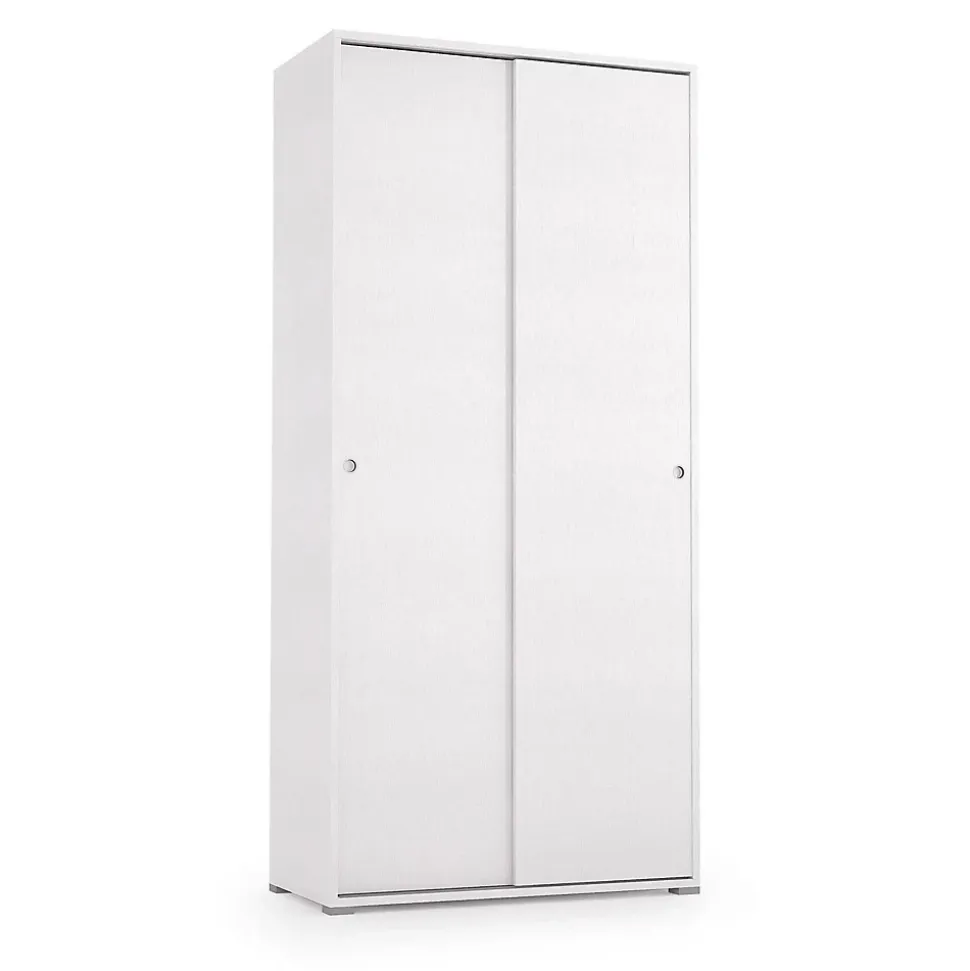 Armoire Dbuti, armoire avec 2 portes coulissantes et 4 Etageres, mobilier de chambre polyvalent moderne, 90x45h195 cm, Blanc