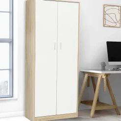 Armoire de bureau 190 cm multifonction MARIA bois et blanc 2 portes 4 étagères