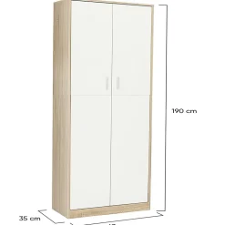 Armoire de bureau 190 cm multifonction MARIA bois et blanc 2 portes 4 étagères