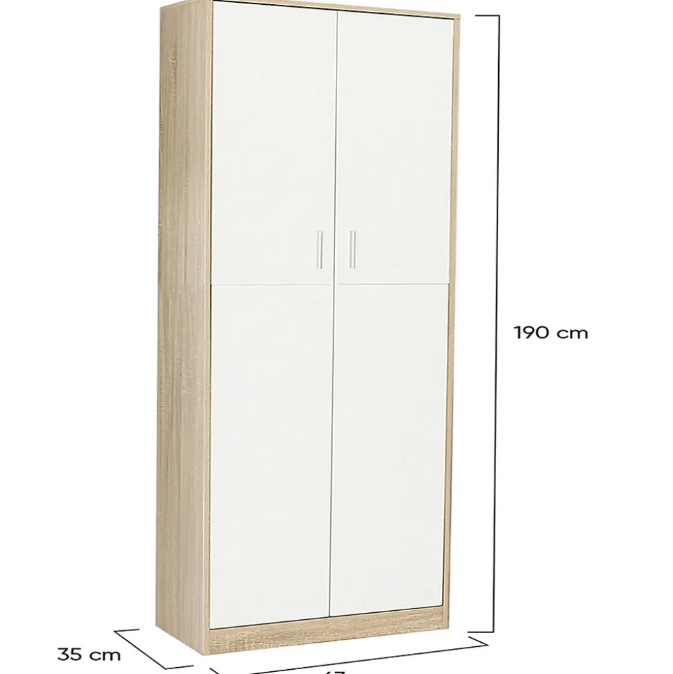Armoire de bureau 190 cm multifonction MARIA bois et blanc 2 portes 4 étagères