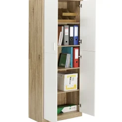 Armoire de bureau 190 cm multifonction MARIA bois et blanc 2 portes 4 étagères
