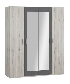 Armoire de chambre - ADRIA - Chene cendré / Gris foncé - 4 portes battantes - 2 miroirs - 177,5 x 54,2 x 210,5 cm