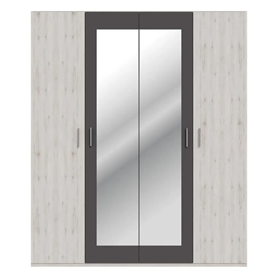 Armoire de chambre - ADRIA - Chene cendré / Gris foncé - 4 portes battantes - 2 miroirs - 177,5 x 54,2 x 210,5 cm