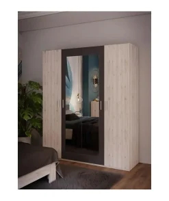 Armoire de chambre - ADRIA - Chene cendré / Gris foncé - 4 portes battantes - 2 miroirs - 177,5 x 54,2 x 210,5 cm