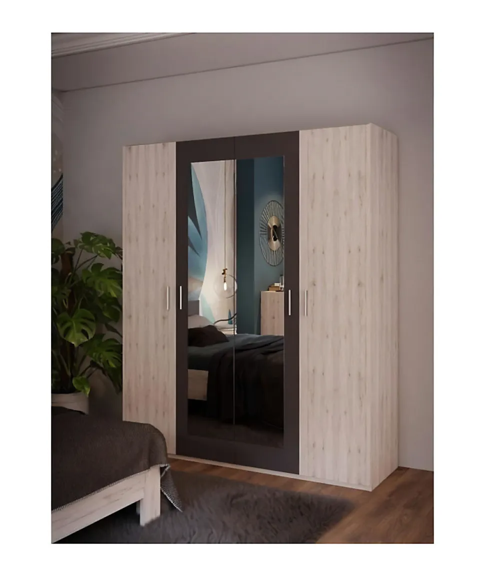 Armoire de chambre - ADRIA - Chene cendré / Gris foncé - 4 portes battantes - 2 miroirs - 177,5 x 54,2 x 210,5 cm