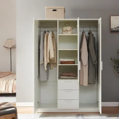 Armoire de chambre Eiselfing avec 4 étagères et 3 tiroirs 176 x 120 x 52 cm blanc en.casa
