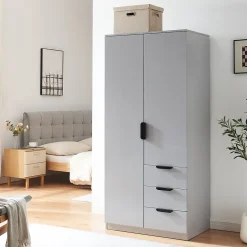 Armoire de chambre Eiselfing avec 4 étagères et 3 tiroirs 176 x 80 x 52 cm gris en.casa