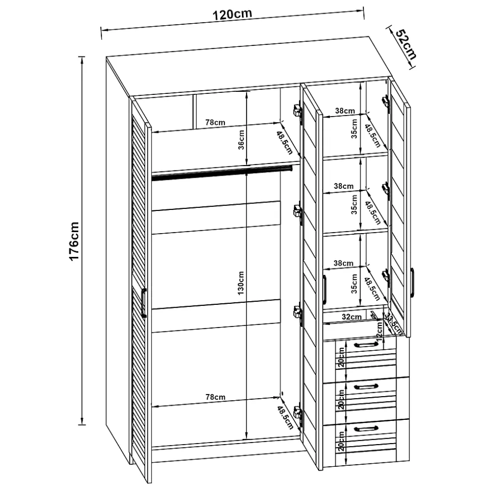 Armoire de chambre Finning 4 étagères 3 tiroirs MDF 176 x 120 x 52 cm blanc en.casa
