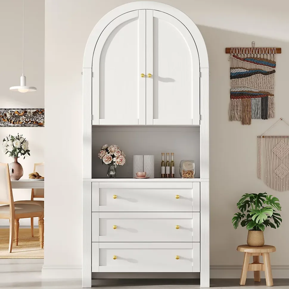 Armoire de Rangement - Buffet Haut 3 Tiroirs et 2 Portes, Étagère Ouverte, pour Cuisine et Salon, Blanc